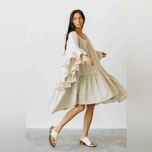 Myrah Penaloza Light Flax Linen Brida Butterfly Ruffle Pleated Dress Gown OS